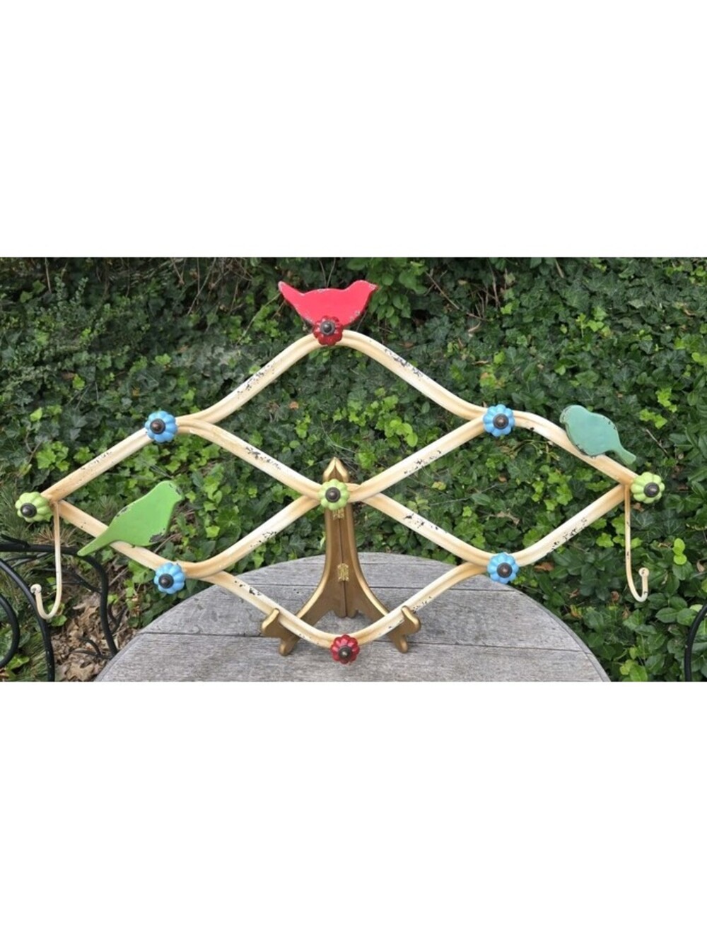 Vtg Metal & Ceramic 8  Colorful Pegs Mug Hat Coat Rack Jewelry Wall Hanger Hooks